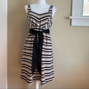 Motherhood Maternity Dress Black & Tan MIDI Striped Belted Sundress, Small